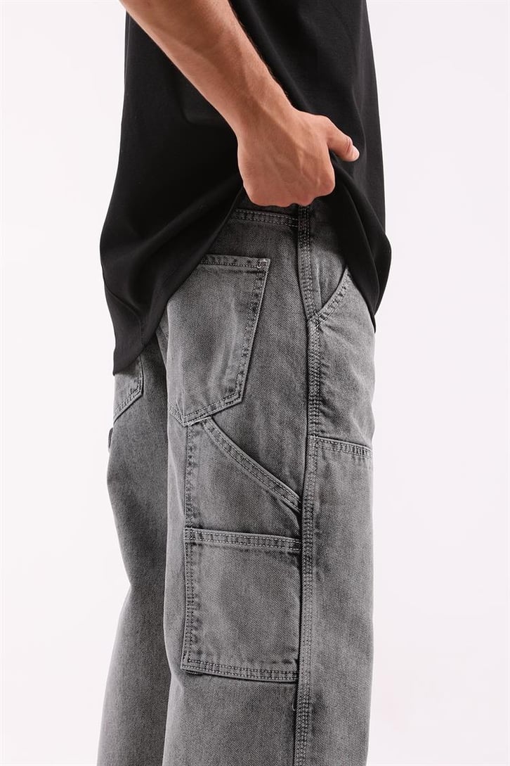 Kontrast Dikiş Detaylı Acid Wash Baggy Jean