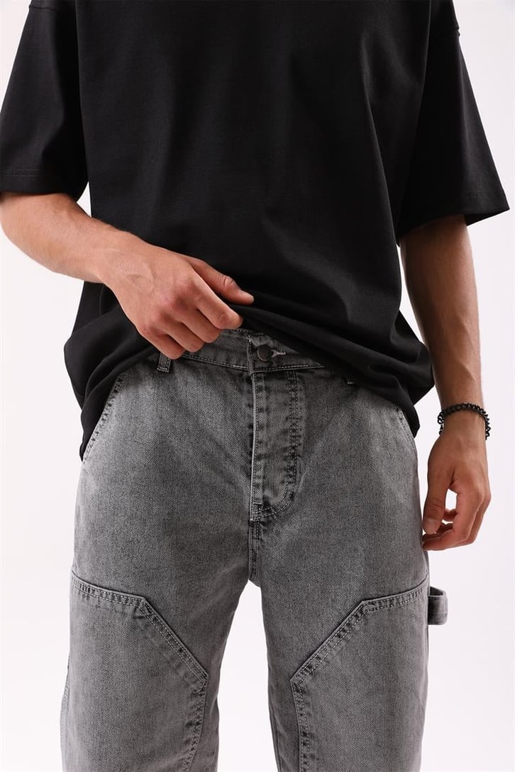 Kontrast Dikiş Detaylı Acid Wash Baggy Jean
