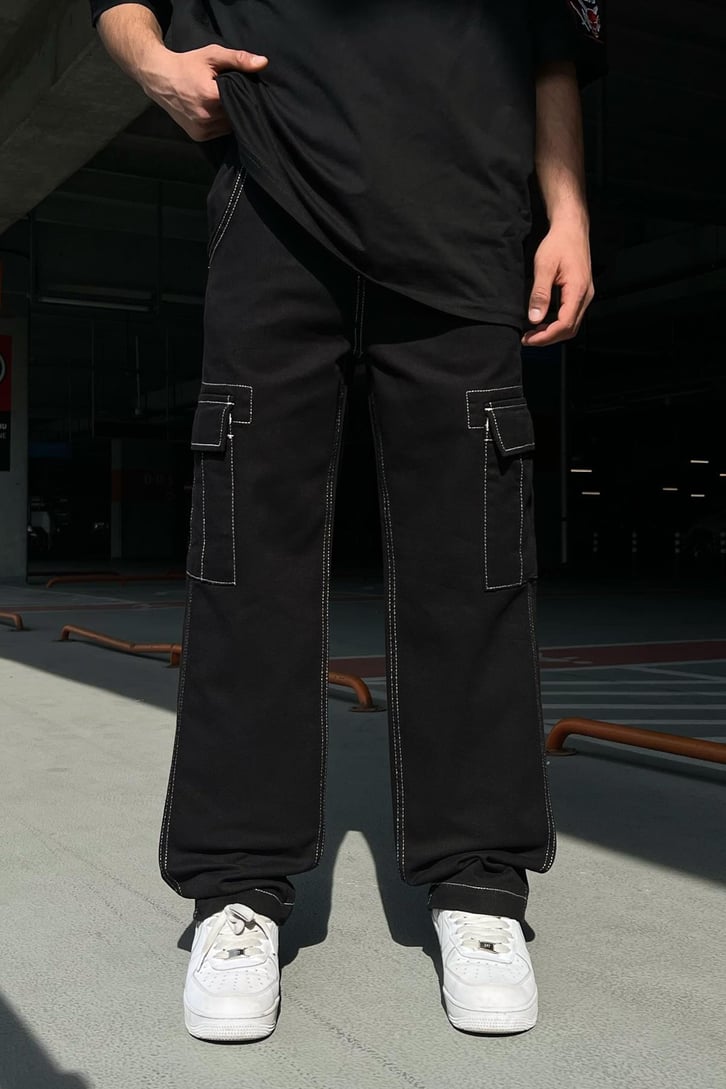 Kontrast Dikiş Kargo Cep Siyah Baggy Jean