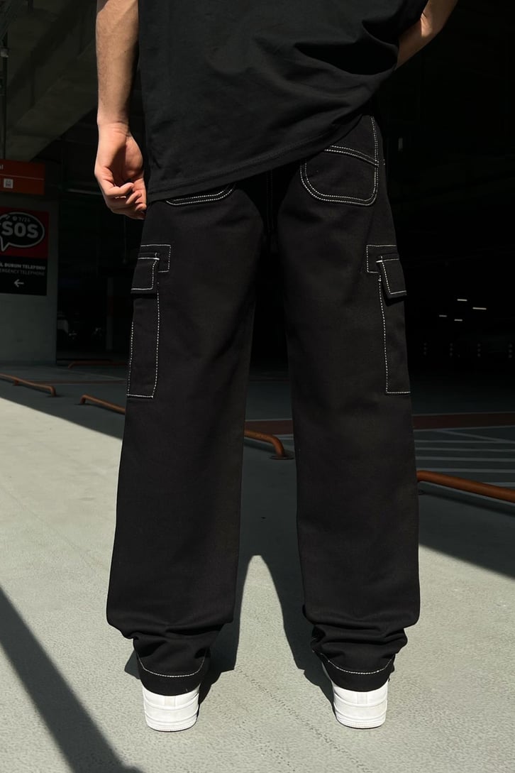 Kontrast Dikiş Kargo Cep Siyah Baggy Jean