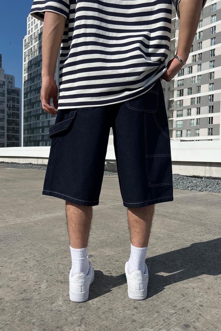 Kontrast Dikiş Koyu Mavi Baggy Şort