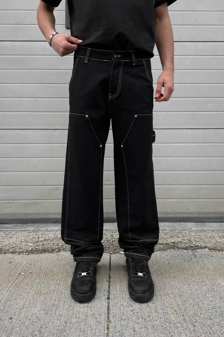Kontrast Dikiş Siyah Baggy Pantolon