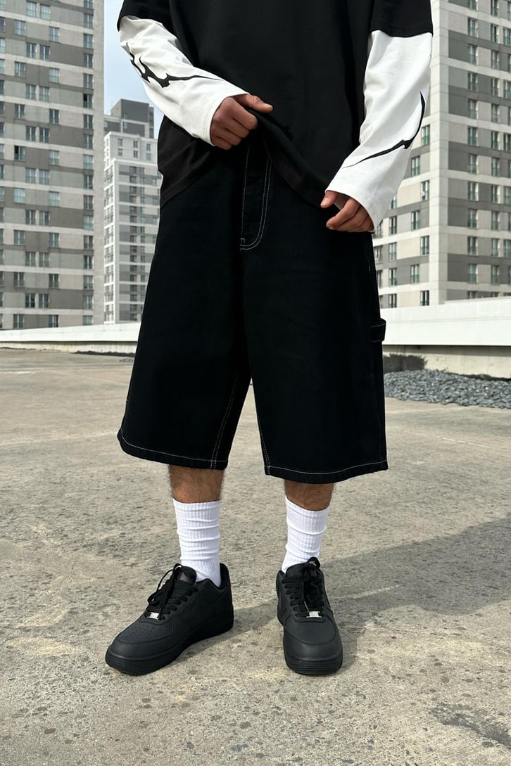 Kontrast Dikiş Siyah Baggy Şort