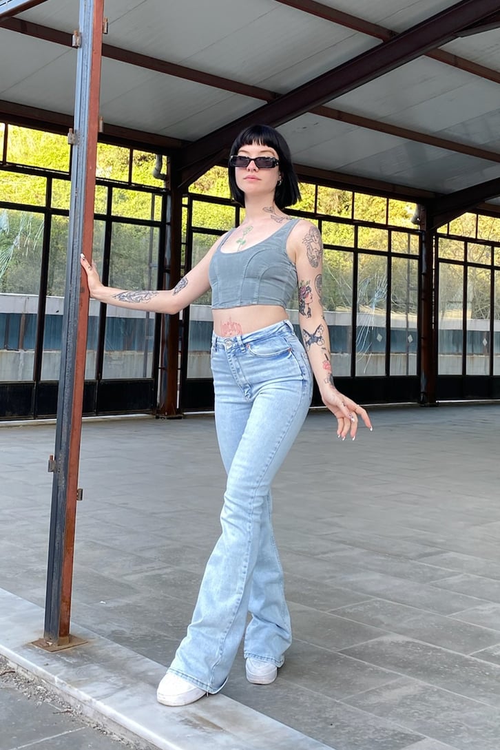 Kot Dikişli Kalın Askılı Su Yeşil Crop Top
