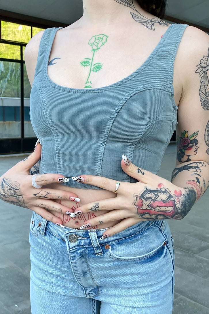 Kot Dikişli Kalın Askılı Su Yeşil Crop Top