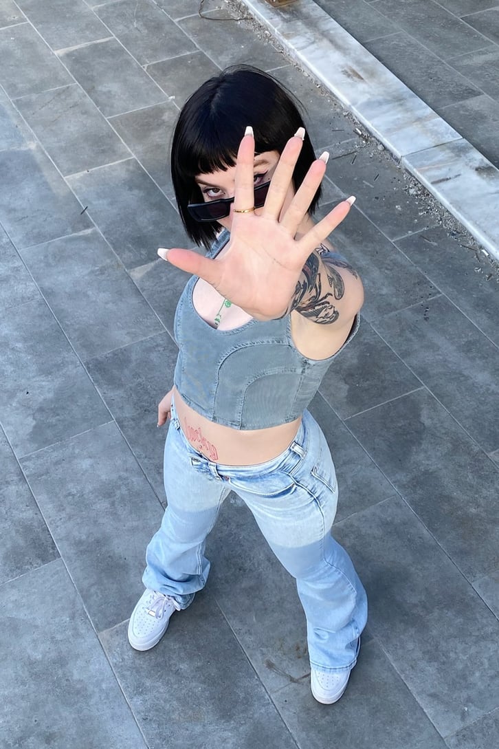 Kot Dikişli Kalın Askılı Su Yeşil Crop Top