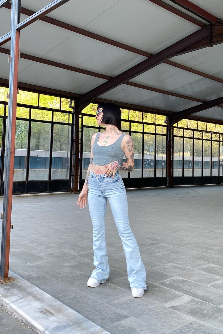 Kot Dikişli Kalın Askılı Su Yeşil Crop Top