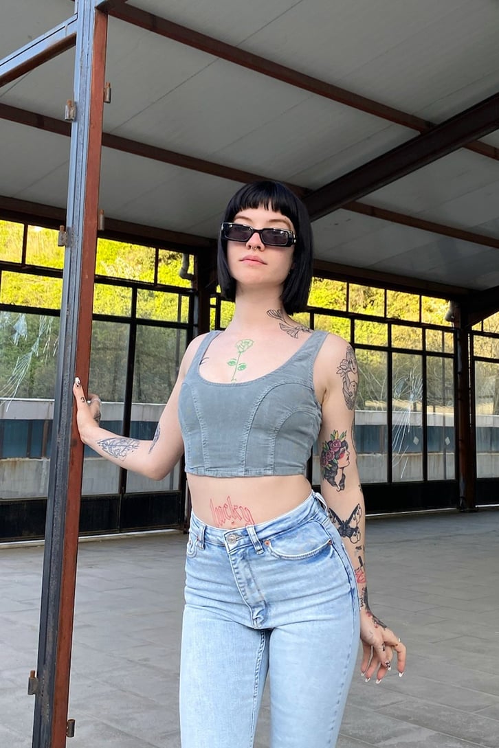 Kot Dikişli Kalın Askılı Su Yeşil Crop Top
