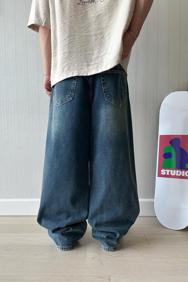 Koyu Mavi Kar Yıkama Süper Baggy Jean