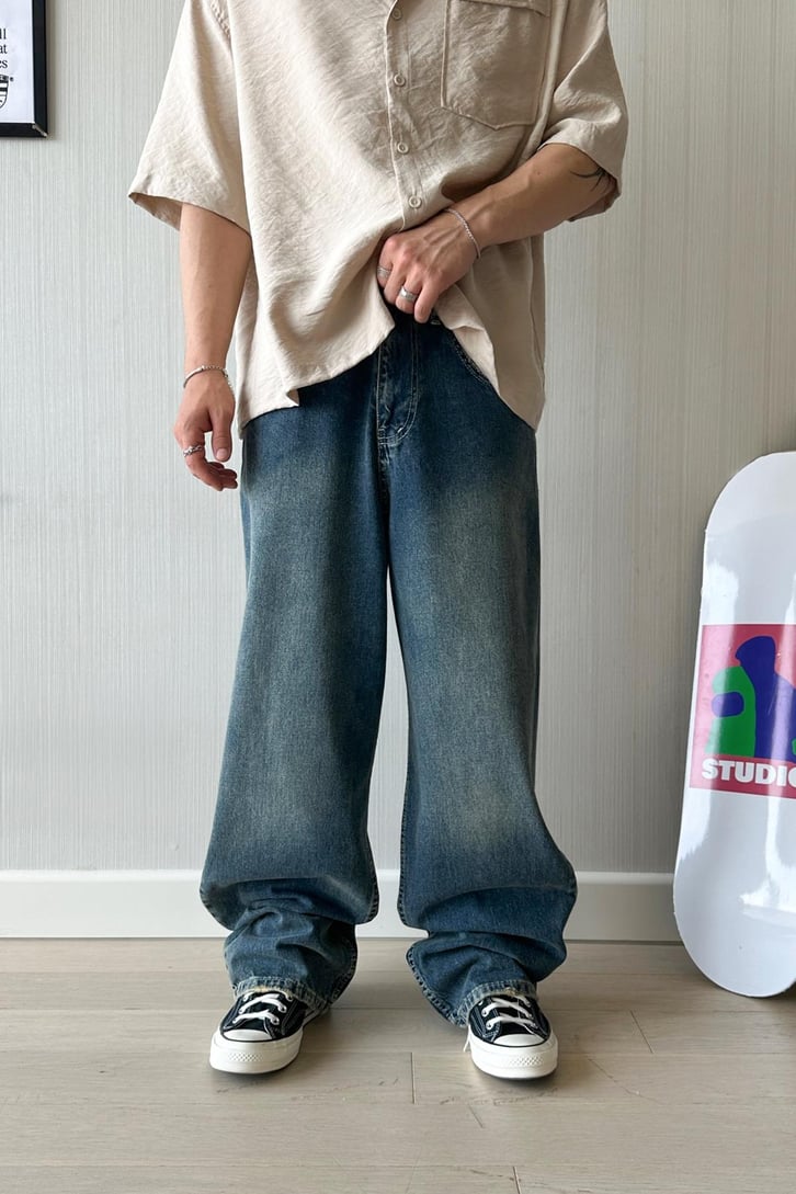 Koyu Mavi Kar Yıkama Süper Baggy Jean