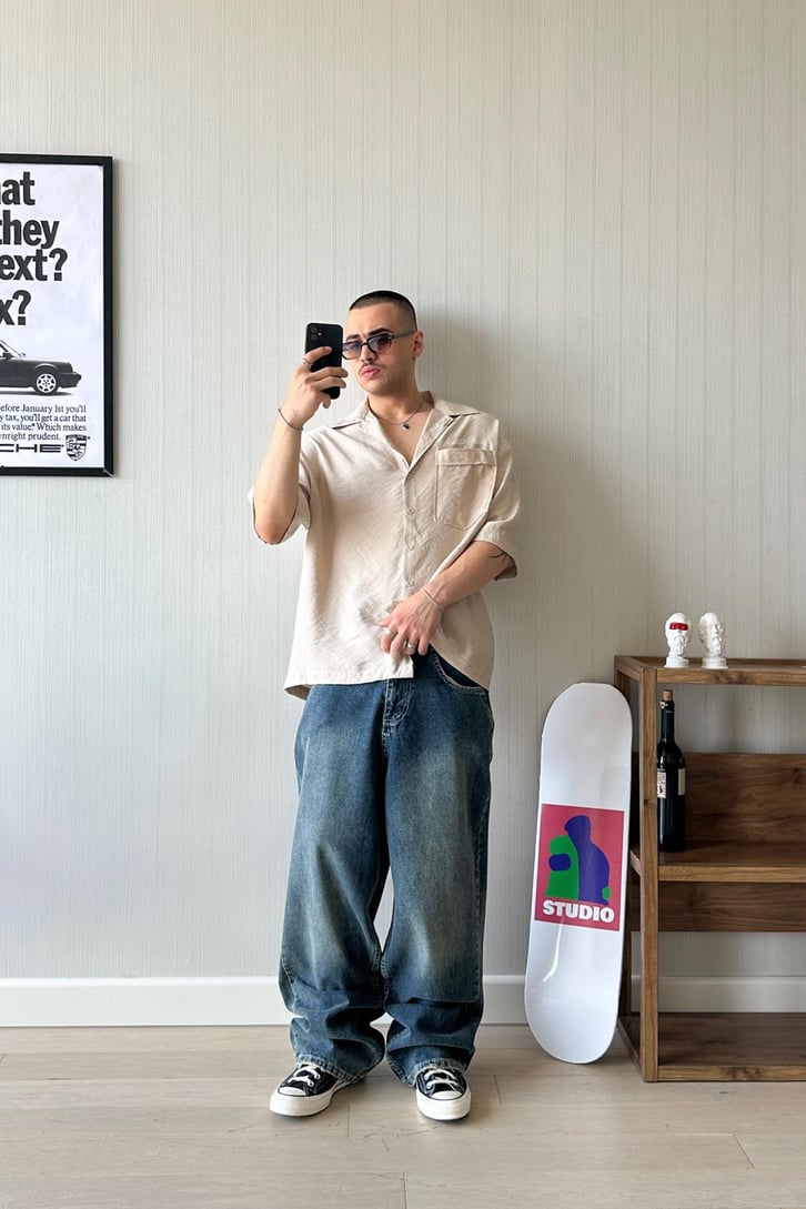Koyu Mavi Kar Yıkama Süper Baggy Jean