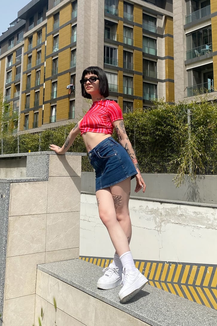 Koyu Mavi Mini Denim Etek