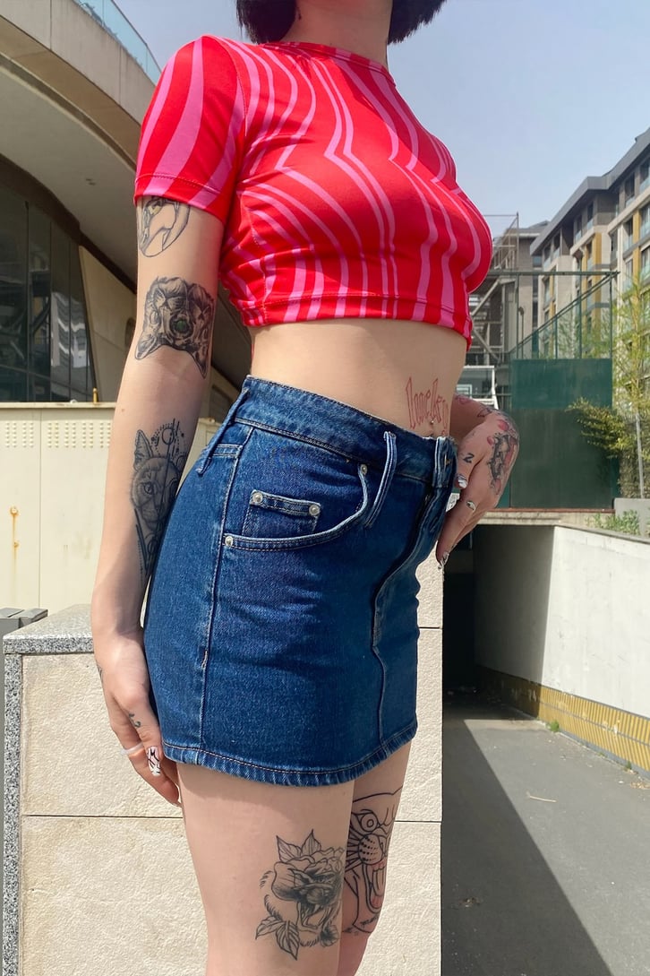 Koyu Mavi Mini Denim Etek