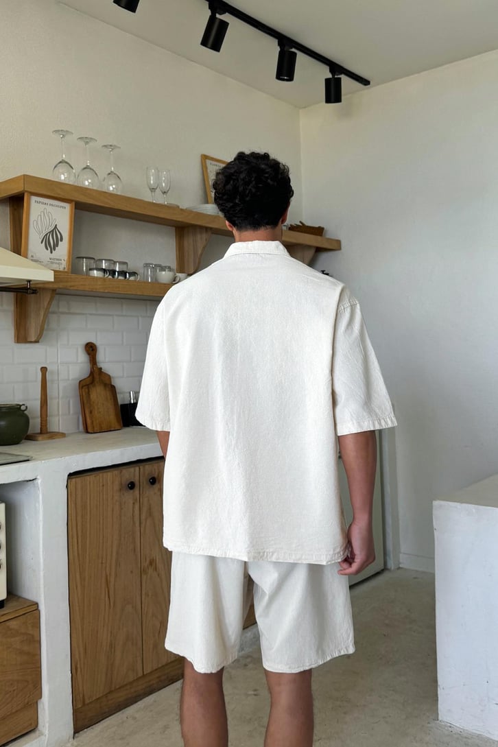 Krem Basic Oversize Kısa Kol Keten Gömlek