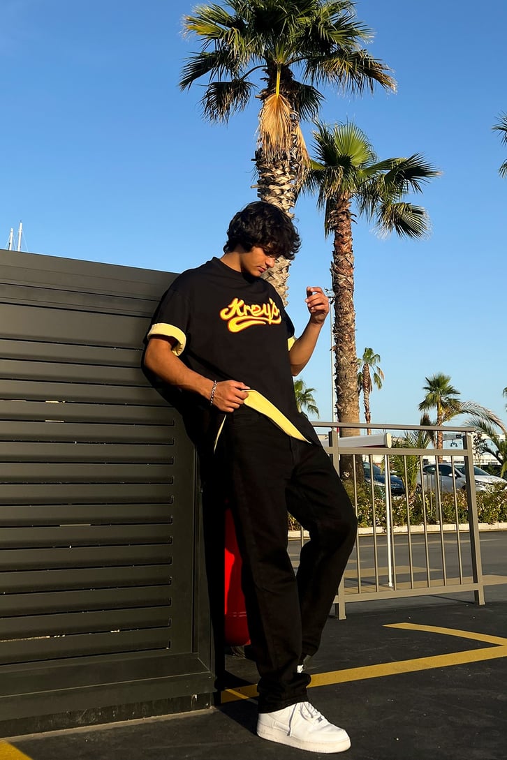 Kreys Nakışlı Siyah Oversize Tshirt