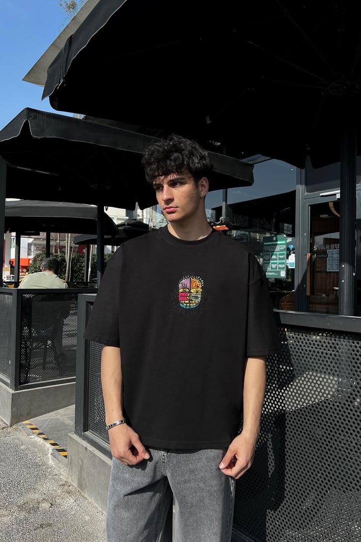 Kübizm Nakışlı Füme Oversize Tişört