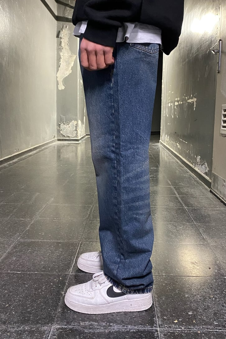 Kum Taşlamalı Navy Blue Baggy Fit Jean