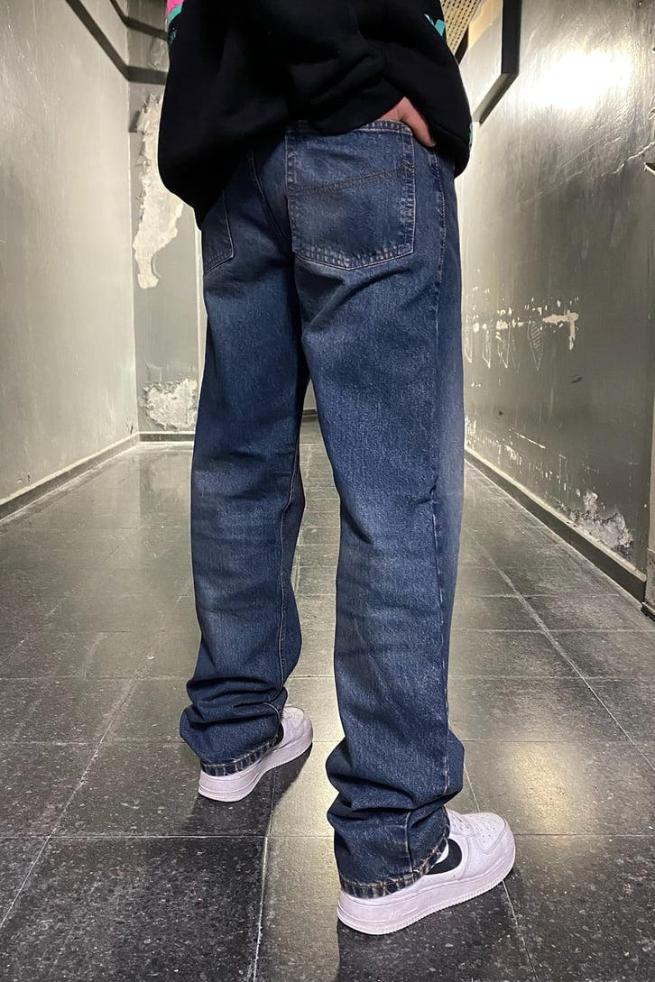 Kum Taşlamalı Navy Blue Baggy Fit Jean