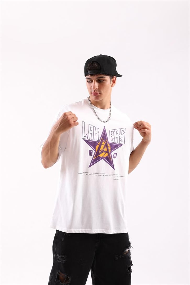 Lakers Beyaz Taş İşlemeli Baskılı Oversize Tişört