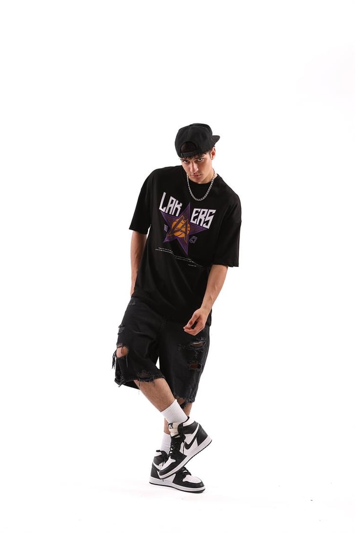 Lakers Siyah Taş İşlemeli Baskılı Oversize Tişört