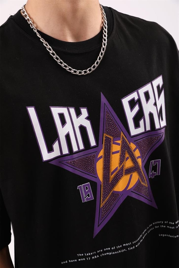 Lakers Siyah Taş İşlemeli Baskılı Oversize Tişört