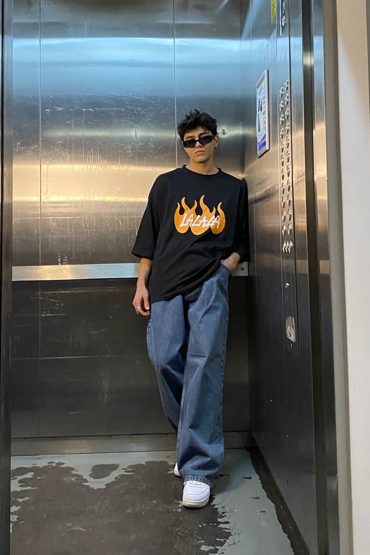 LALALA! Flame Printed Oversize Siyah Tshirt