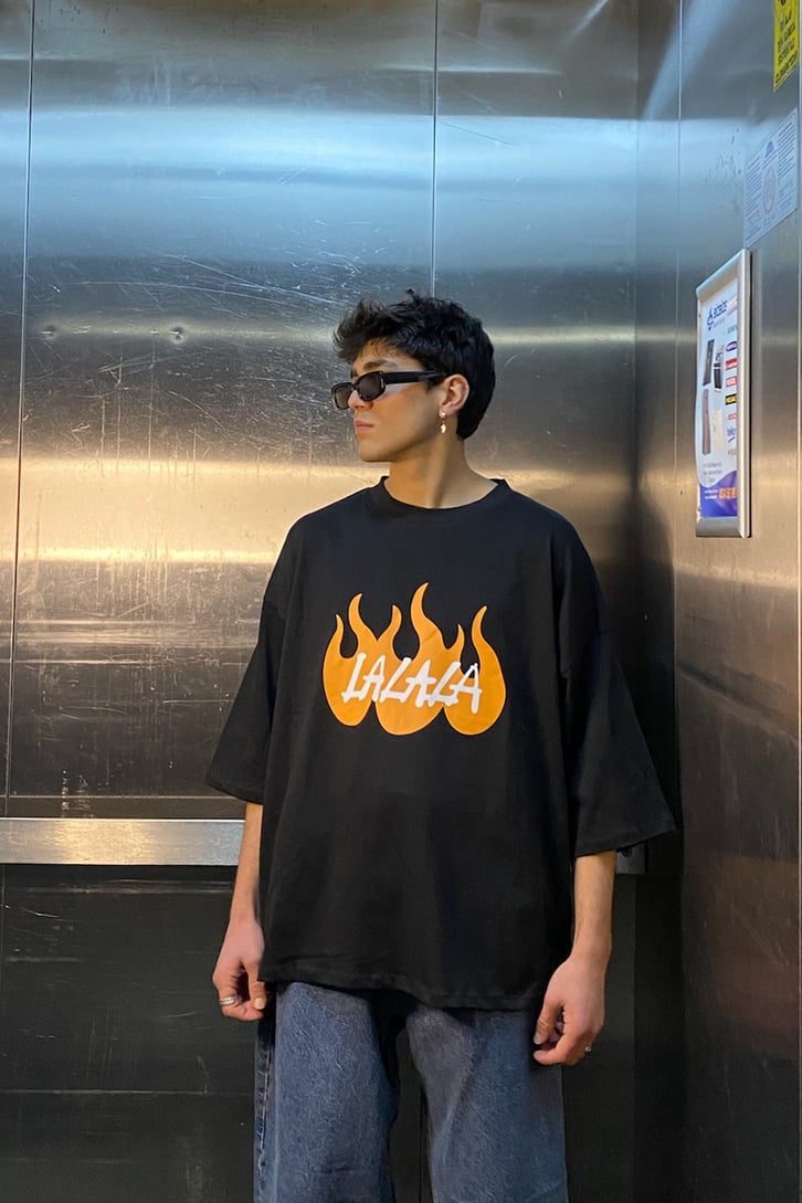 LALALA! Flame Printed Oversize Siyah Tshirt