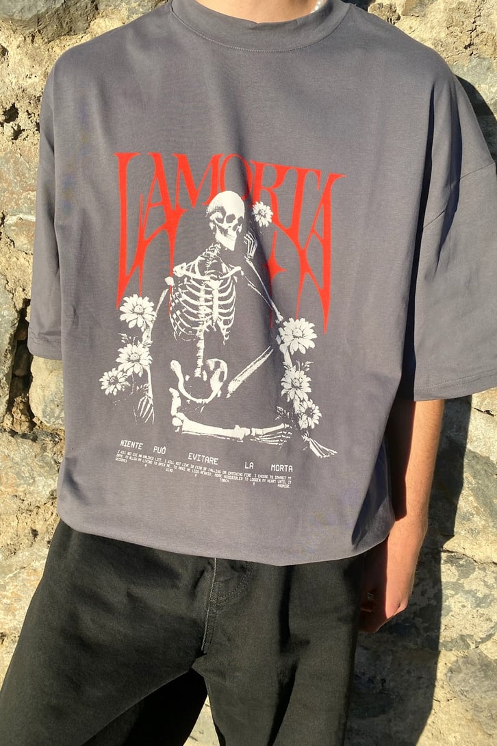 Lamorta Baskılı Gri Oversize Tshirt