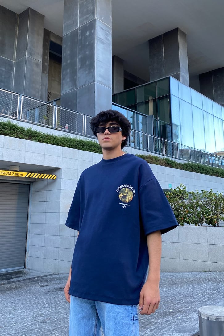 Leonardo Da Vinci Baskılı Lacivert Oversize Tshirt