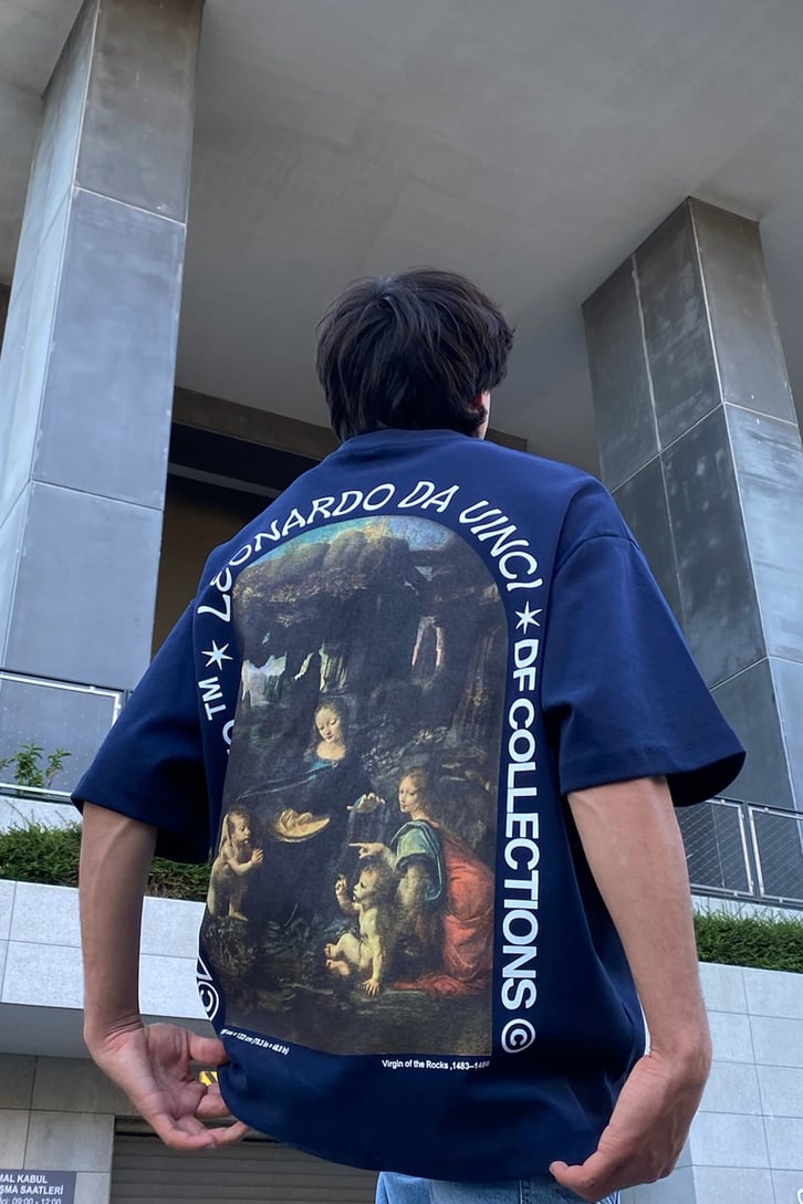 Leonardo Da Vinci Baskılı Lacivert Oversize Tshirt