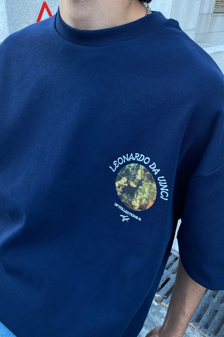 Leonardo Da Vinci Baskılı Lacivert Oversize Tshirt