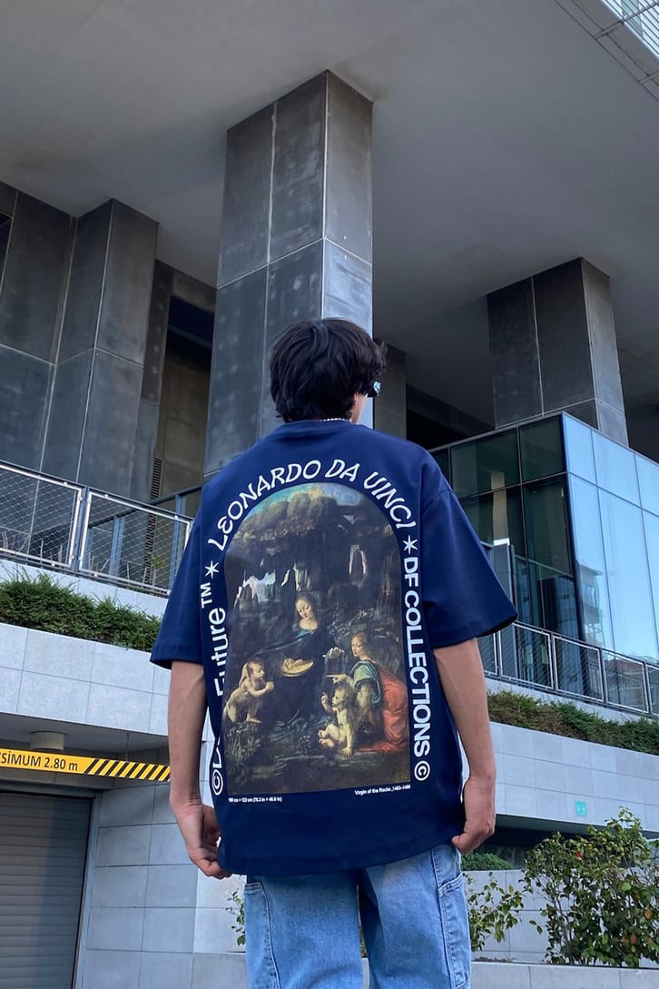 Leonardo Da Vinci Baskılı Lacivert Oversize Tshirt