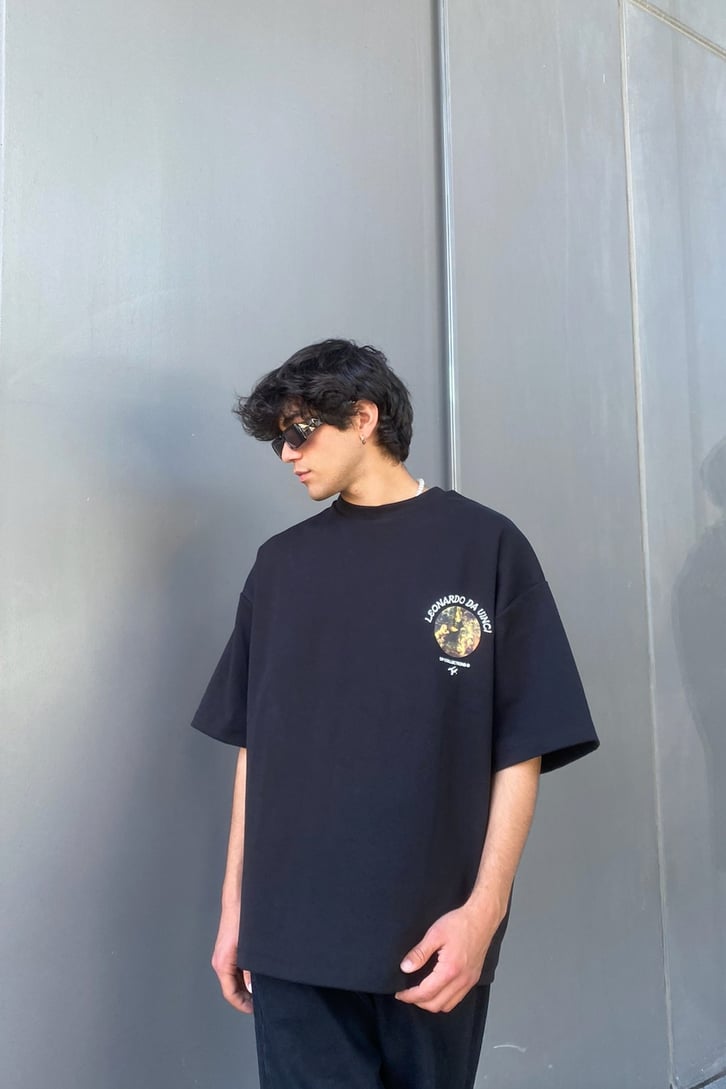 Leonardo Da Vinci Baskılı Oversize Tshirt