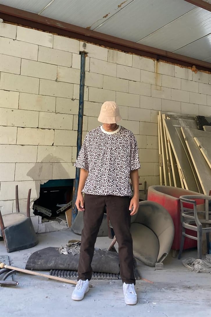 Leopar Desen Kahverengi Oversize Tişört