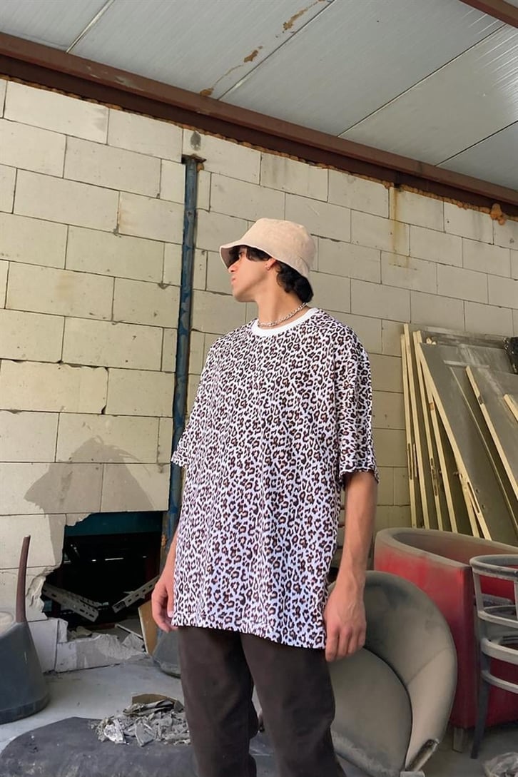 Leopar Desen Kahverengi Oversize Tişört