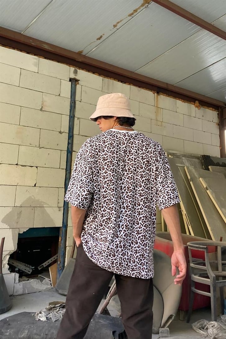 Leopar Desen Kahverengi Oversize Tişört