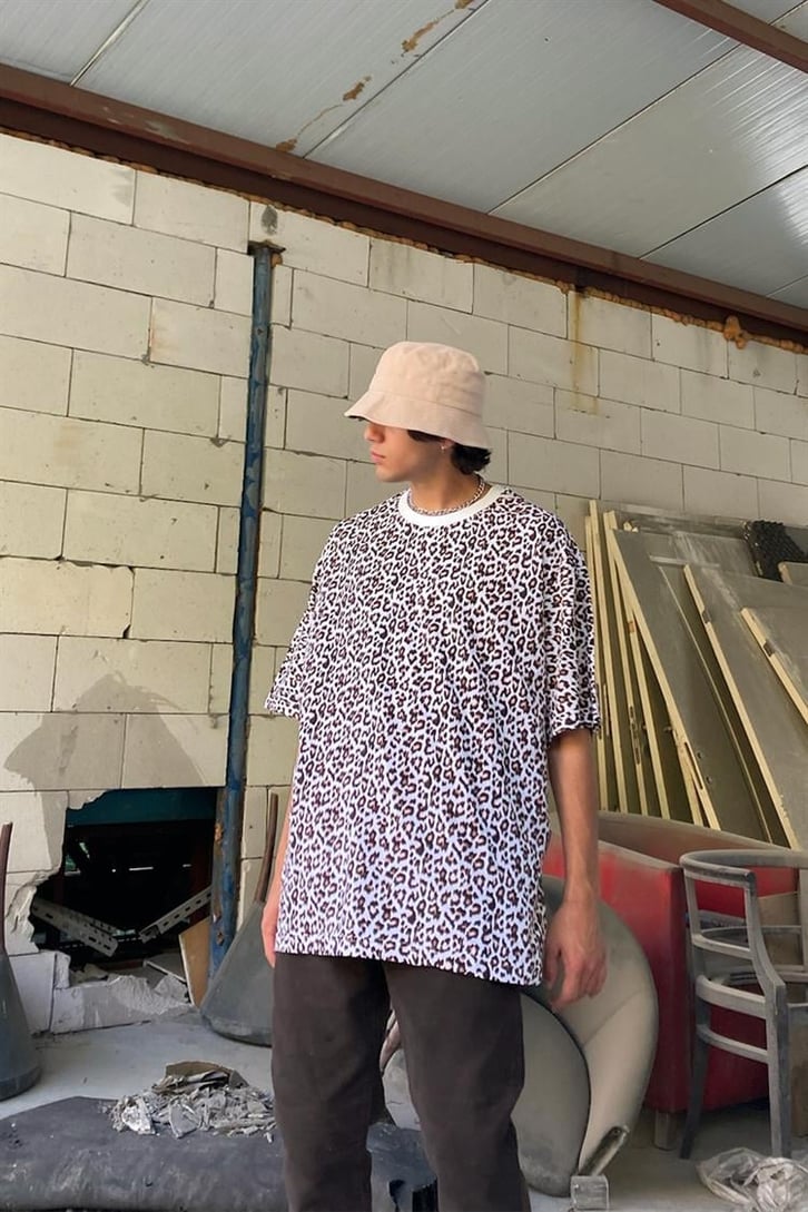 Leopar Desen Kahverengi Oversize Tişört