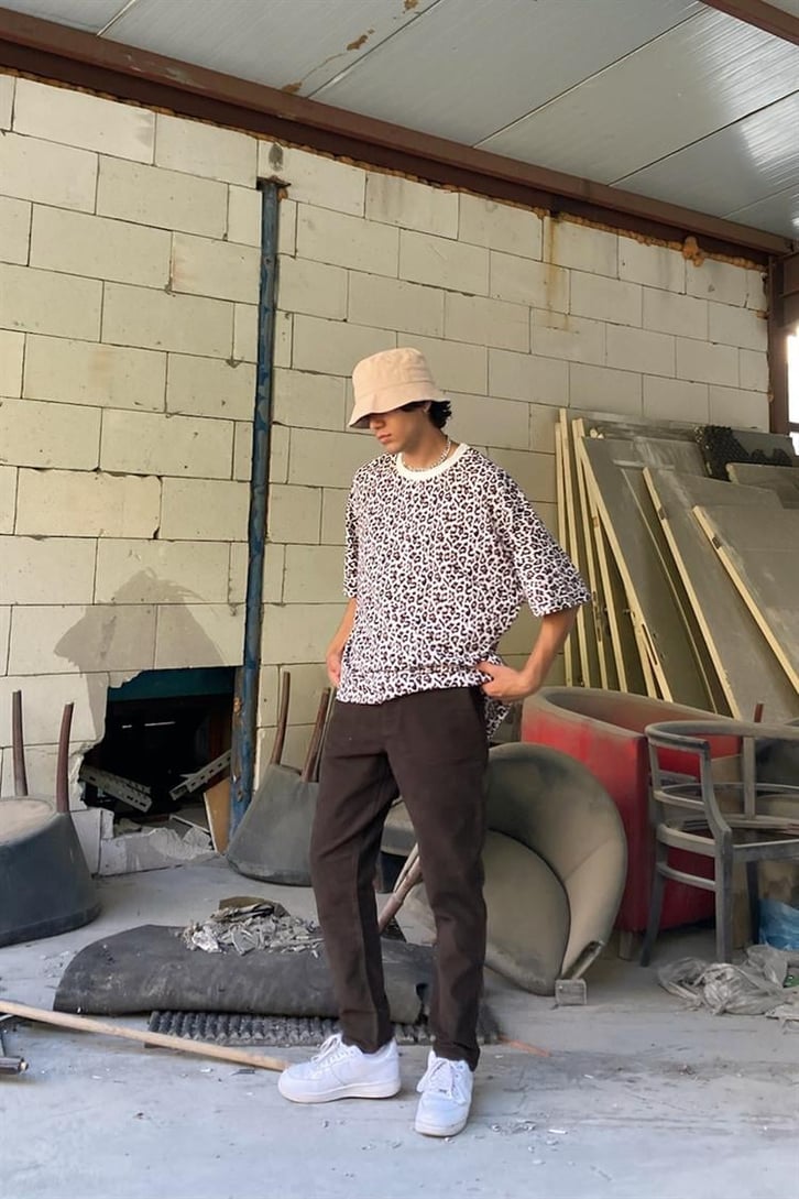 Leopar Desen Kahverengi Oversize Tişört