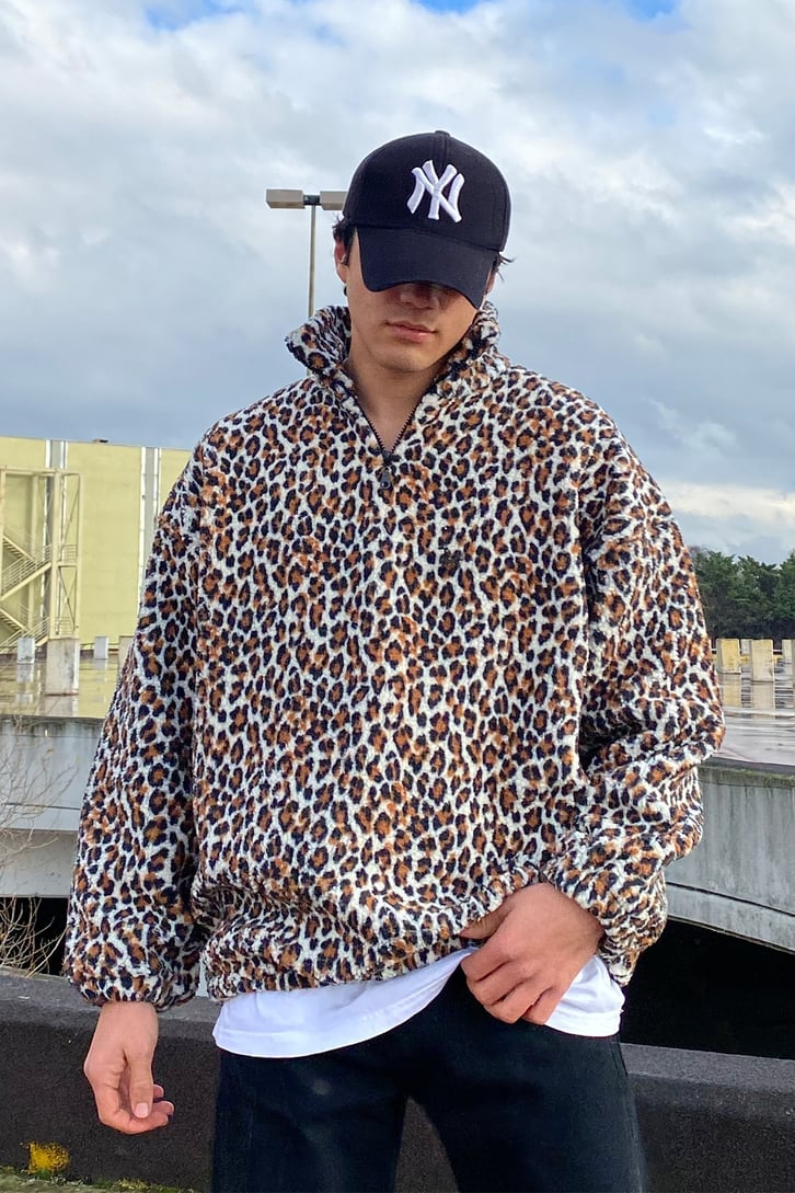 Leopar Desen  Suni Yün Semi Zip-Up Oversize Sweatshirt