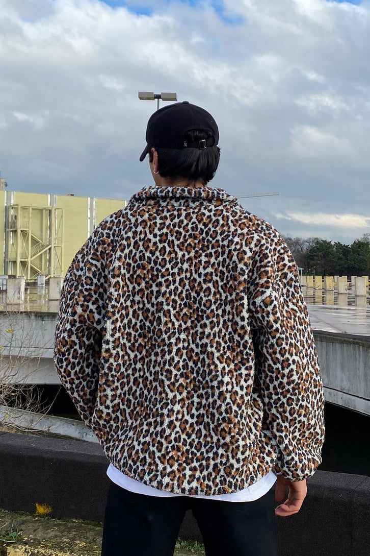 Leopar Desen  Suni Yün Semi Zip-Up Oversize Sweatshirt