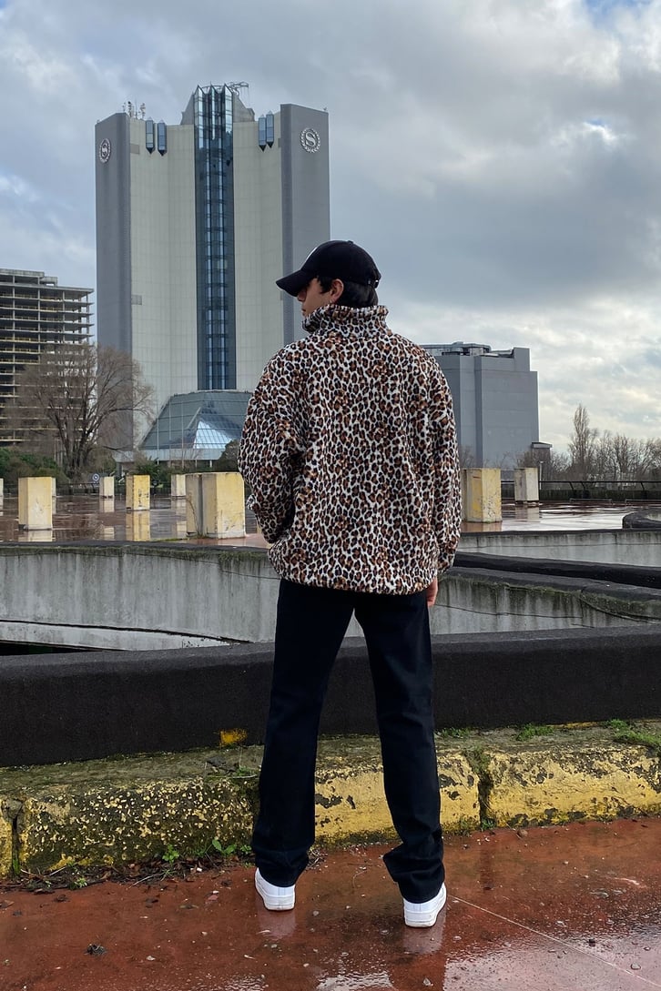Leopar Desen  Suni Yün Semi Zip-Up Oversize Sweatshirt