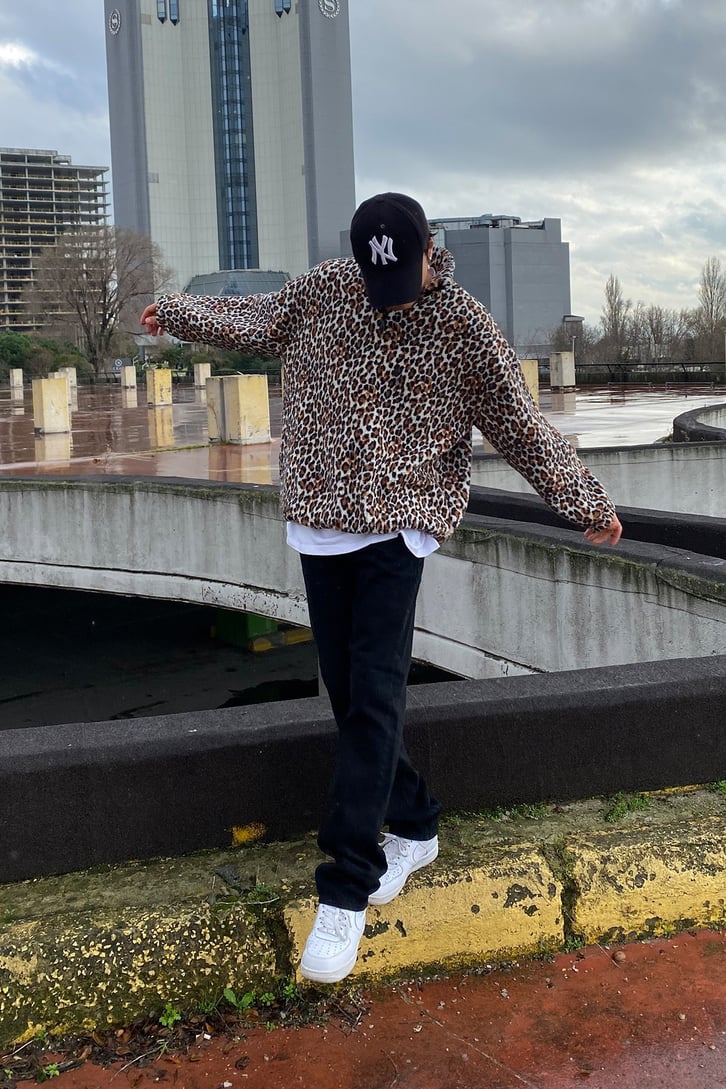 Leopar Desen  Suni Yün Semi Zip-Up Oversize Sweatshirt