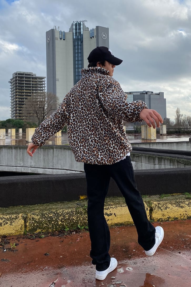 Leopar Desen  Suni Yün Semi Zip-Up Oversize Sweatshirt