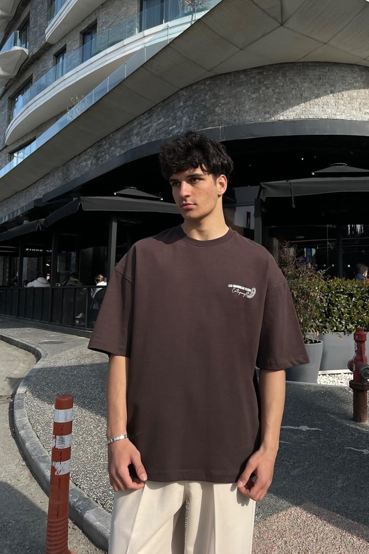 Les Mandalas Baskılı Kahverengi Oversize Tişört