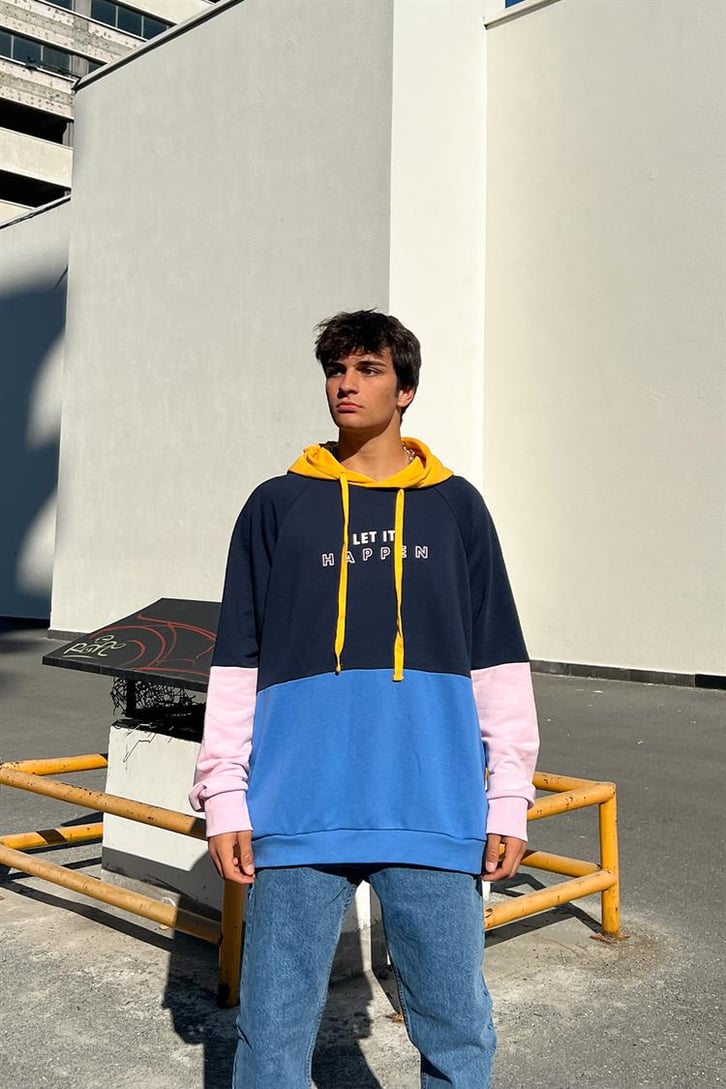 Let it Happen Baskılı Parçalı Lacivert İçi Pamuklu Oversize Hoodie