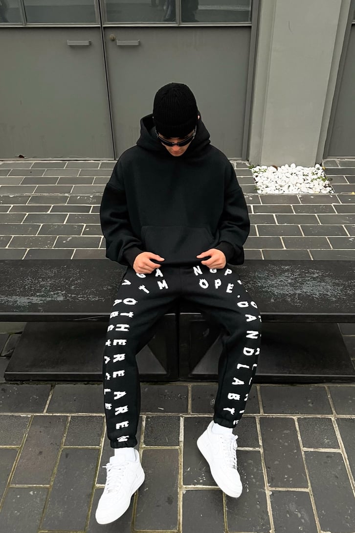 Letter Baskılı Siyah Jogger Fit Eşofman Altı