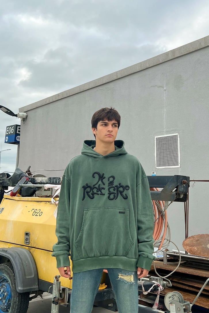 Letter Nakışlı Yıkamalı Yeşil Oversize Sweatshirt
