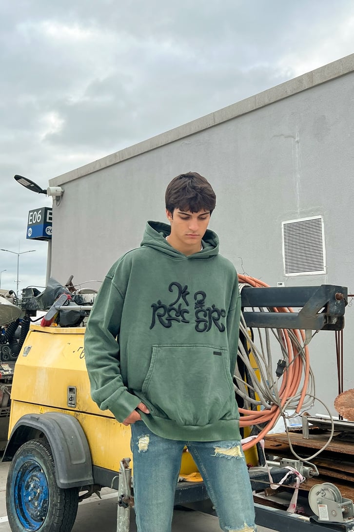 Letter Nakışlı Yıkamalı Yeşil Oversize Sweatshirt