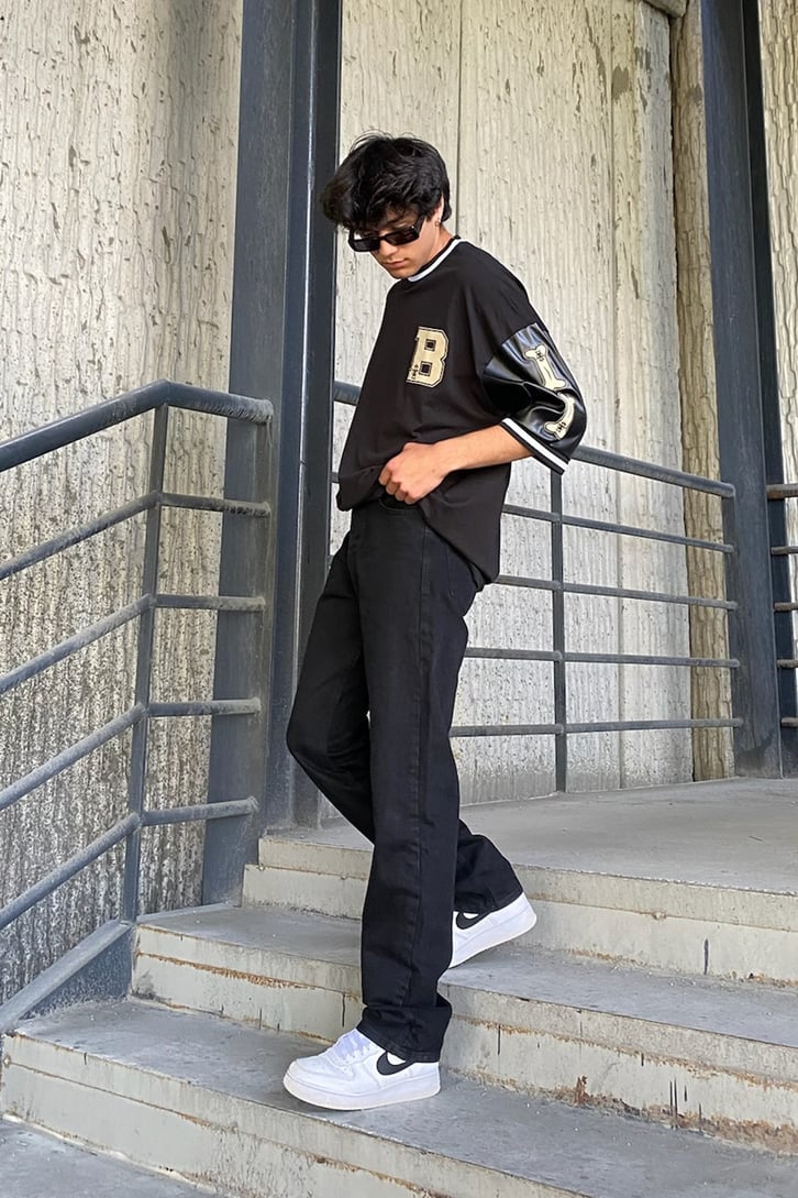 Letter Patched Siyah Oversize Tshirt