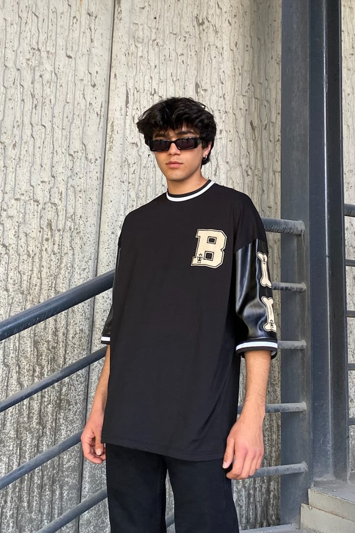 Letter Patched Siyah Oversize Tshirt